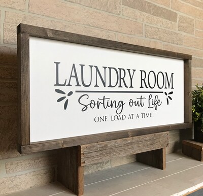 Laundry room sorting out life one load at a time, farmhouse sign, wood signs, home decor, framed country wood sign - image2